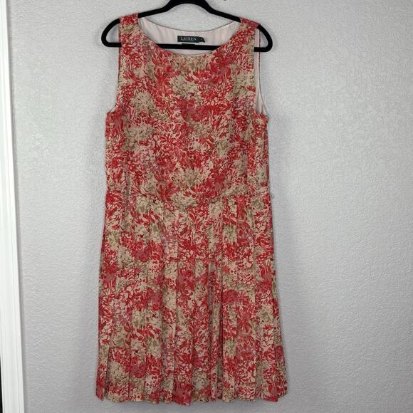 Ralph Lauren LRL Fit And Flare Dress Floral Coral Mu Pleated Chiffon Size 18 - Picture 2 of 7